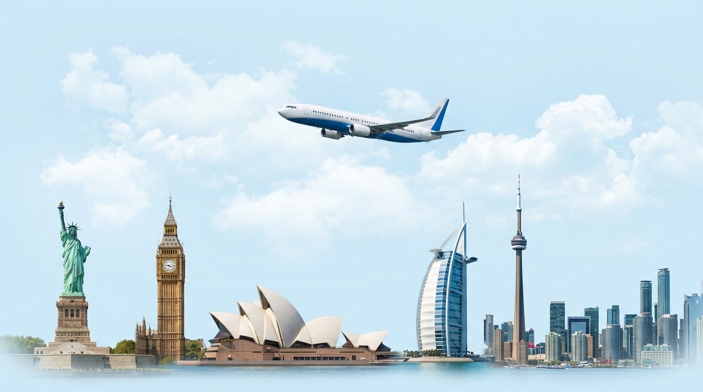 World landmarks including the Statue of Liberty, Big Ben and the Sydney Opera House